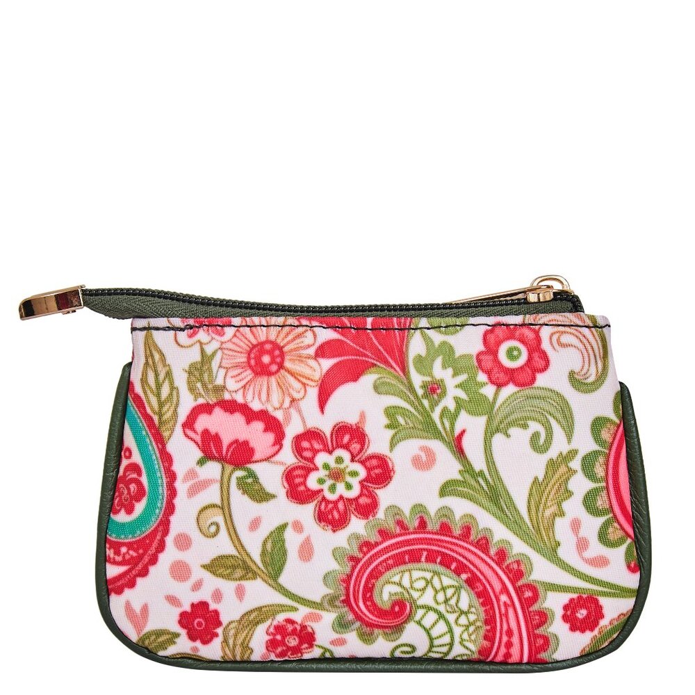 Sishka Women White Printed Nylon with Leather Trim Travel Coin Pouch